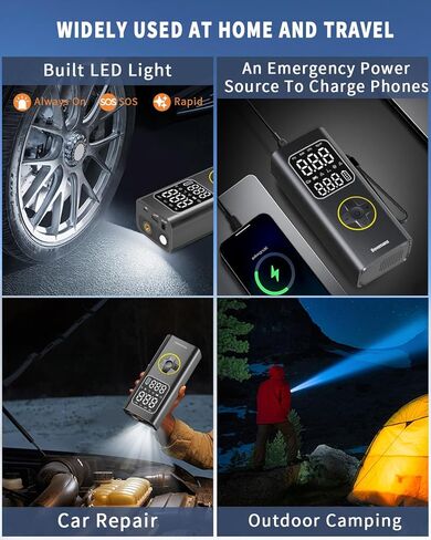 مضخة هواء لإطارات السيارة، ضاغط هواء محمول، بطارية منفاخ إطارات لاسلكية 150 رطل لكل بوصة مربعة للنفخ/الشحن مع سلك تيار مستمر 12 فولت، مقياس رقمي، ضوء LED للسيارة والدراجات النارية والدراجة والكرات والمزيد (أسود) in Kuwait