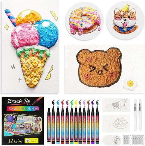 Kionlus 54 Pcs Magic 3D Foam Texture Painting Kit 30 Pcs 3D Foam Texture Paper 12 Colors Brush Tip Acrylic Paint Markers Magic Puffy Paint for Kids and Adults 3D Texture Painting Kit (White) in Saudi Arabia