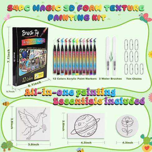 Kionlus 54 Pcs Magic 3D Foam Texture Painting Kit 30 Pcs 3D Foam Texture Paper 12 Colors Brush Tip Acrylic Paint Markers Magic Puffy Paint for Kids and Adults 3D Texture Painting Kit (White) in Saudi Arabia