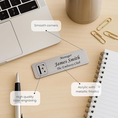Custom Name Tag Badge Engraved with Text & Logo – Personalized ID Name Plate for Employees, Uniforms, Office – Pin or Magnetic Backing in Saudi Arabia