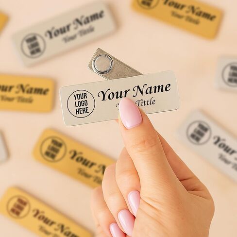 Custom Name Tag Badge Engraved with Text & Logo – Personalized ID Name Plate for Employees, Uniforms, Office – Pin or Magnetic Backing in Saudi Arabia