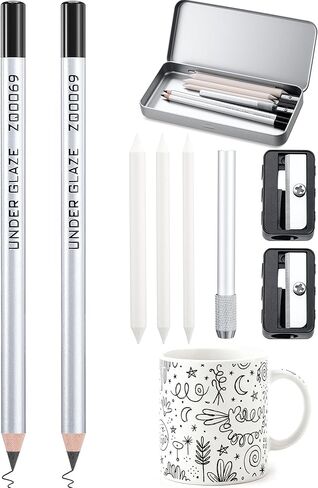 9 Pcs Underglaze Pencil Kits 2 Pcs Black Underglaze Pottery Pen for Ceramics with Blending Stump Pencil Extenders Sharpener Pen Case for Decorating Under Ceramic Pottery Bisque Ware in Saudi Arabia