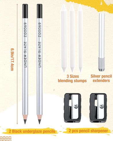 9 Pcs Underglaze Pencil Kits 2 Pcs Black Underglaze Pottery Pen for Ceramics with Blending Stump Pencil Extenders Sharpener Pen Case for Decorating Under Ceramic Pottery Bisque Ware in Saudi Arabia