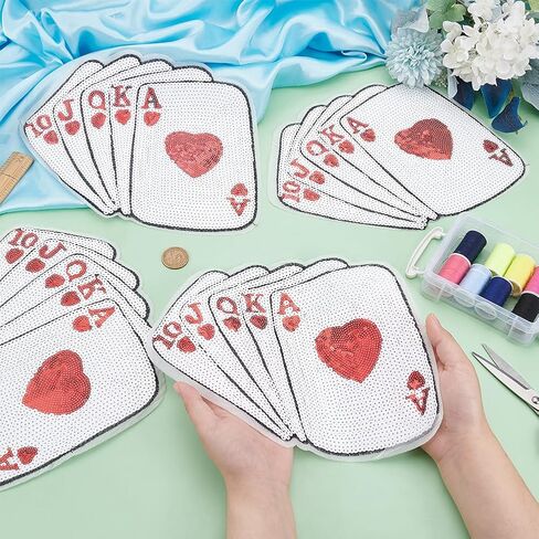 FINGERINSPIRE 4 Pcs Poker Playing Card Sequin Patches Red & White Poker 10 J Q K A Patch Paillette Sew/Iron on Patch Computerized Embroidery Applique Glitter Clothing Repair Patch for DIY Decor in Saudi Arabia