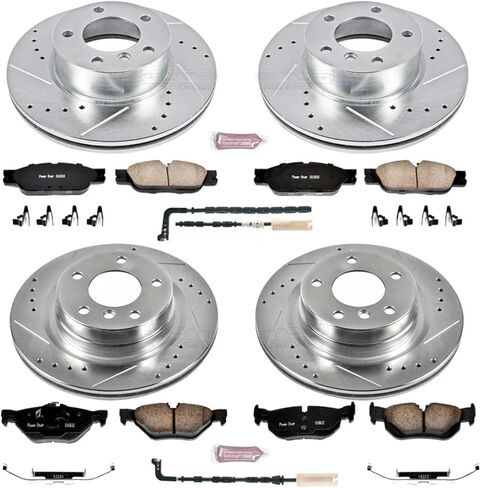 Power Stop K2890 Front and Rear Z23 Carbon Fiber Brake Pads with Drilled & Slotted Brake Rotors Kit and 1 Front & 1 Rear Sensor Wires For BMW 325i 2006 [Model Specific] in Saudi Arabia