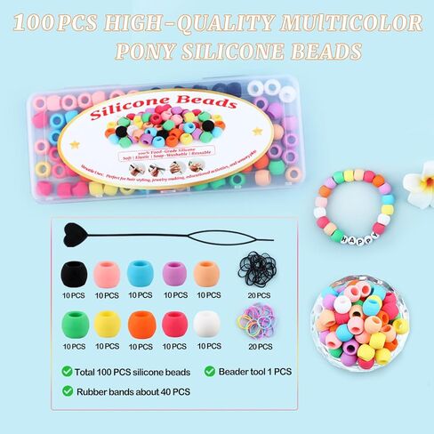 100 قطعة من خرز السيليكون الناعم مقاس 6 × 9 مم من AD Beads للشعر، ألوان مختلطة مع 80 شريطًا مطاطيًا، مجموعة أدوات وصندوق تخزين للضفائر والأساور والحرف اليدوية in Kuwait
