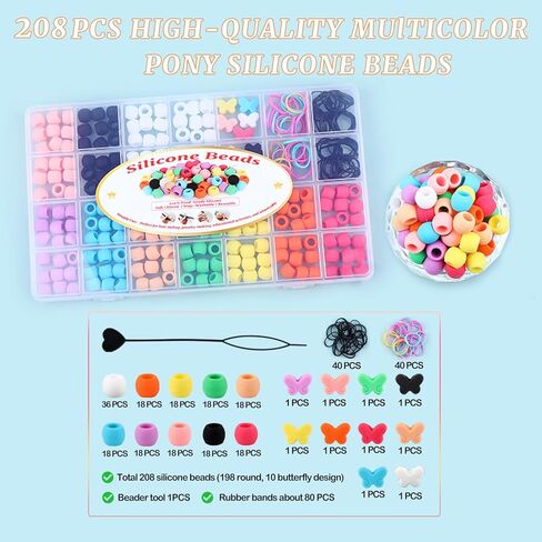 100 قطعة من خرز السيليكون الناعم مقاس 6 × 9 مم من AD Beads للشعر، ألوان مختلطة مع 80 شريطًا مطاطيًا، مجموعة أدوات وصندوق تخزين للضفائر والأساور والحرف اليدوية in Kuwait