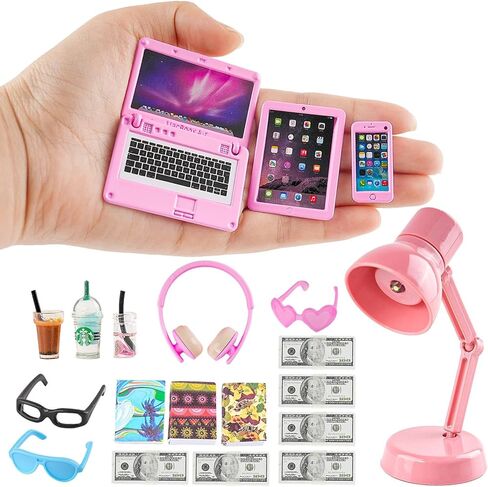 20Pcs Dollhouse Miniature Laptop Computer Tablet Phone Lamp Book Glasses Coffee Headset Simulation Accessories 1/12 1/6 Toy Pad Play Set Fits Barbie Doll Girl Mini Drink Party Office (Pink) in Saudi Arabia
