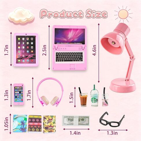 20Pcs Dollhouse Miniature Laptop Computer Tablet Phone Lamp Book Glasses Coffee Headset Simulation Accessories 1/12 1/6 Toy Pad Play Set Fits Barbie Doll Girl Mini Drink Party Office (Pink) in Saudi Arabia