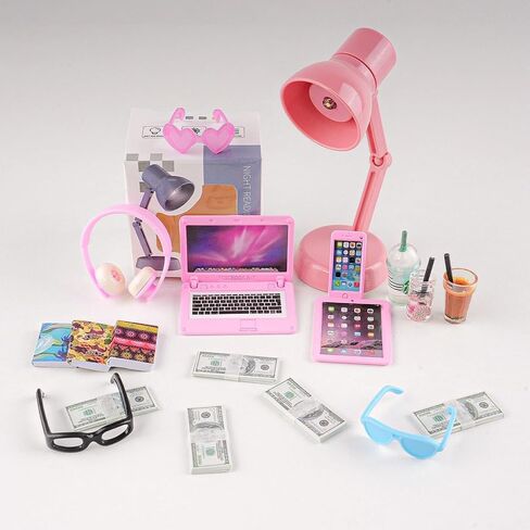 20Pcs Dollhouse Miniature Laptop Computer Tablet Phone Lamp Book Glasses Coffee Headset Simulation Accessories 1/12 1/6 Toy Pad Play Set Fits Barbie Doll Girl Mini Drink Party Office (Pink) in Saudi Arabia