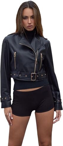 Womens Faux Leather Motorcycle Jackets Classical Black PU Slim Short Biker Coats in Kuwait