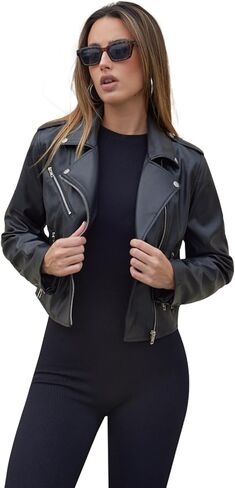 Womens Faux Leather Motorcycle Jackets Classical Black PU Slim Short Biker Coats in Kuwait