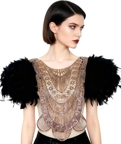 L'VOW Gothic Women Poncho Collar Natural Feather Short Cape Lace Epaulet Shoulder Shrug Wings Halloween Costume in Kuwait