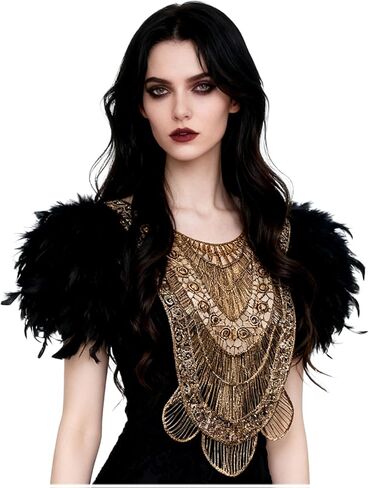 L'VOW Gothic Women Poncho Collar Natural Feather Short Cape Lace Epaulet Shoulder Shrug Wings Halloween Costume in Kuwait