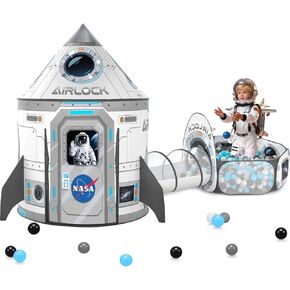 3Pcs Kids Rocket Play Tent for Boys: Pop Up Toddlers Spaceship Playhouse with Baby Crawl Tunnel, Ball Pit and Castle Tent - Children Game Tent Toys Indoor and Outdoor for Birthday in Kuwait