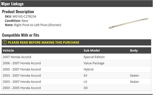 Windshield Wiper Linkage - Compatible with 2003-2007 Honda Accord Sedan in Saudi Arabia
