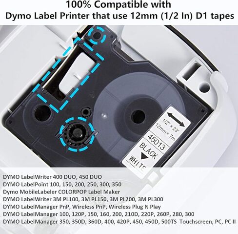 شريط صانع الملصقات Hehua 7 عبوات 45013، متوافق مع عبوات صانع الملصقات Dymo D1 S0720530، 1/2 بوصة × 23 قدم أسود على أبيض، شريط ملصقات لمدير الملصقات Dymo 160 280 450 210D 360D 420P 260P 450D in Saudi Arabia