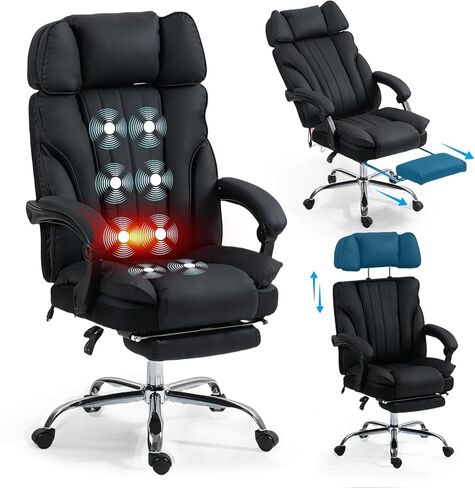 Massage Office Chair with Heat and 8 Vibration Points Big and Tall Executive Office Chair with Adjustable Headrest, Extra Wide Seat, Footrest, Padded Armrests, Reclining High Backrest (Black) in Saudi Arabia