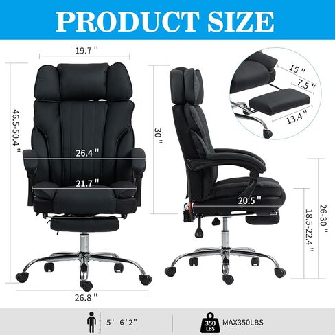 Massage Office Chair with Heat and 8 Vibration Points Big and Tall Executive Office Chair with Adjustable Headrest, Extra Wide Seat, Footrest, Padded Armrests, Reclining High Backrest (Black) in Saudi Arabia