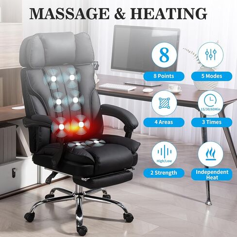 Massage Office Chair with Heat and 8 Vibration Points Big and Tall Executive Office Chair with Adjustable Headrest, Extra Wide Seat, Footrest, Padded Armrests, Reclining High Backrest (Black) in Saudi Arabia
