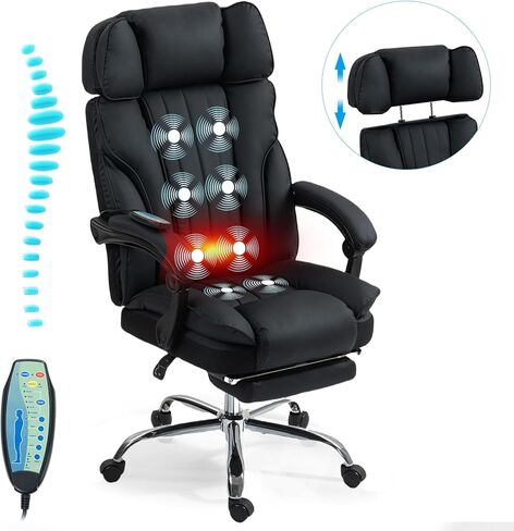 Massage Office Chair with Heat and 8 Vibration Points Big and Tall Executive Office Chair with Adjustable Headrest, Extra Wide Seat, Footrest, Padded Armrests, Reclining High Backrest (Black) in Saudi Arabia