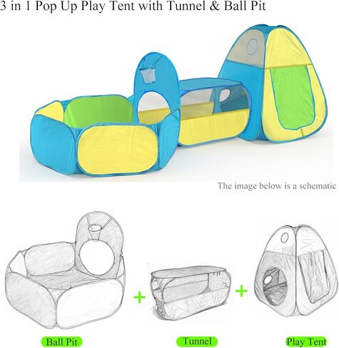 3 in 1 Kids Play Tent with Tunnel & Ball Pit,Pop Up Indoor/Outdoor Playhouse for Boys and Girls,Crawling Tunnel Toy with Fun Toss It Game Zone,Easy Setup Foldable Carry Bag (Balls Not Included) in Saudi Arabia