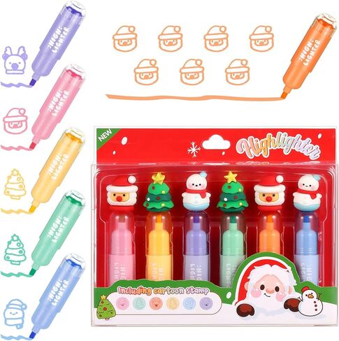 Spiareal 6 Pcs Christmas Highlighters with Stamper Cute Multicolor Xmas Marker Pens Bulk Christmas Tree Santa Claus Snowman for Coloring Drawing Xmas Birthday Party Gifts Stocking Fillers in Saudi Arabia