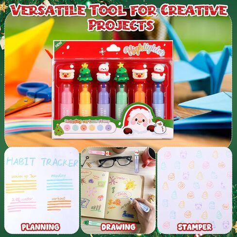 Spiareal 6 Pcs Christmas Highlighters with Stamper Cute Multicolor Xmas Marker Pens Bulk Christmas Tree Santa Claus Snowman for Coloring Drawing Xmas Birthday Party Gifts Stocking Fillers in Saudi Arabia