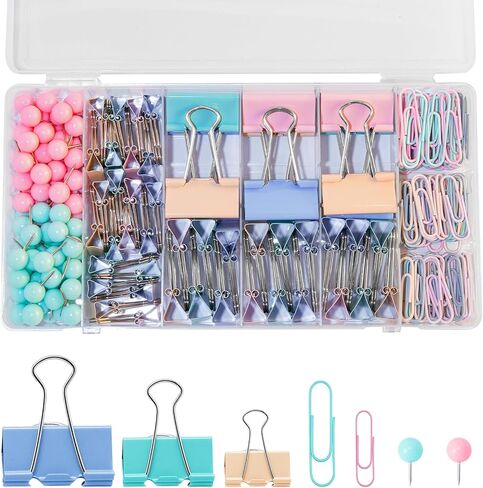 Pastel Paper Clips, Binder Clips & Push Pins Complete Set - 260 Pcs Assorted Sizes for Cute Office & Teacher Desk Supplies, in a Case with Compartments in Saudi Arabia
