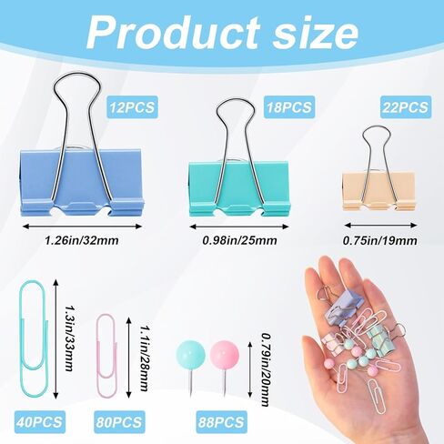 Pastel Paper Clips, Binder Clips & Push Pins Complete Set - 260 Pcs Assorted Sizes for Cute Office & Teacher Desk Supplies, in a Case with Compartments in Saudi Arabia
