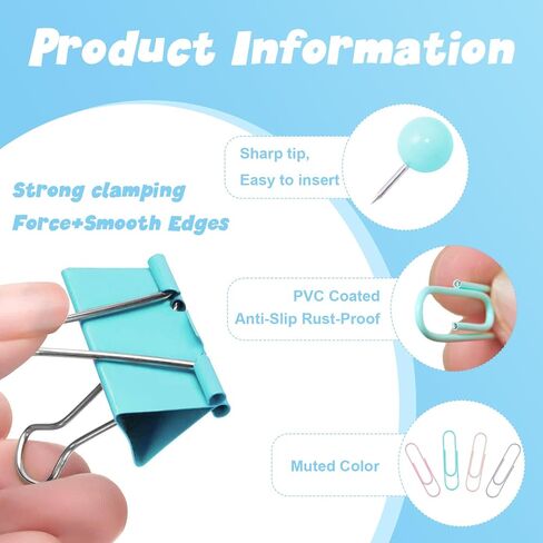 Pastel Paper Clips, Binder Clips & Push Pins Complete Set - 260 Pcs Assorted Sizes for Cute Office & Teacher Desk Supplies, in a Case with Compartments in Saudi Arabia