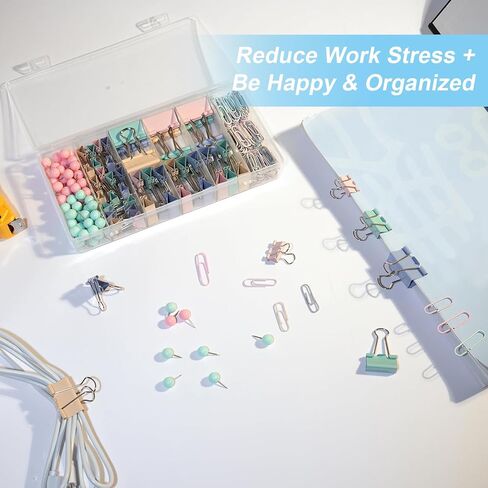 Pastel Paper Clips, Binder Clips & Push Pins Complete Set - 260 Pcs Assorted Sizes for Cute Office & Teacher Desk Supplies, in a Case with Compartments in Saudi Arabia