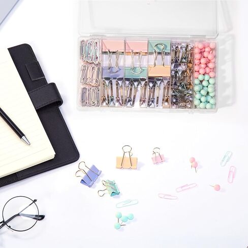 Pastel Paper Clips, Binder Clips & Push Pins Complete Set - 260 Pcs Assorted Sizes for Cute Office & Teacher Desk Supplies, in a Case with Compartments in Saudi Arabia