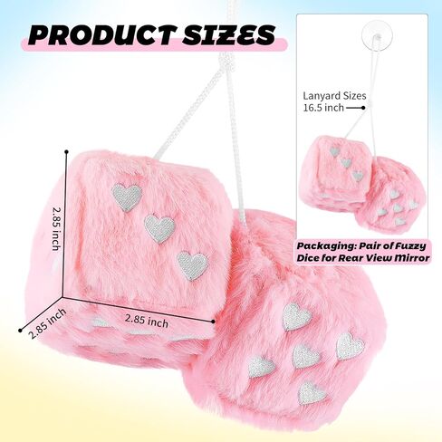 Pair of 2.85" Fuzzy Dice for Rear View Mirror with Suction Cup,Cute Heart Dice for Car Mirror & Cars Decoration,Fashionable Car Hanging Ornament Cars Dices as Birthday Gift in Saudi Arabia