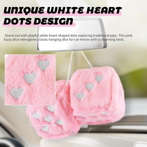 Pair of 2.85" Fuzzy Dice for Rear View Mirror with Suction Cup,Cute Heart Dice for Car Mirror & Cars Decoration,Fashionable Car Hanging Ornament Cars Dices as Birthday Gift in Saudi Arabia