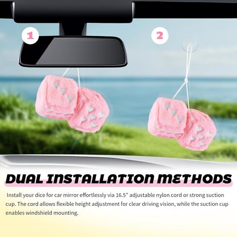 Pair of 2.85" Fuzzy Dice for Rear View Mirror with Suction Cup,Cute Heart Dice for Car Mirror & Cars Decoration,Fashionable Car Hanging Ornament Cars Dices as Birthday Gift in Saudi Arabia