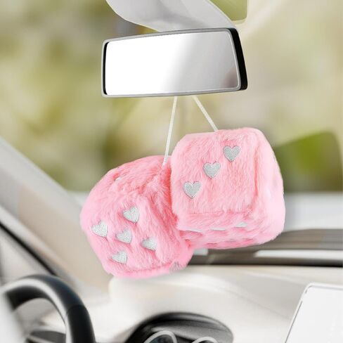 Pair of 2.85" Fuzzy Dice for Rear View Mirror with Suction Cup,Cute Heart Dice for Car Mirror & Cars Decoration,Fashionable Car Hanging Ornament Cars Dices as Birthday Gift in Saudi Arabia