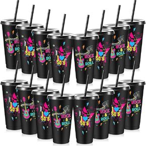 Uiifan 16 Pcs Back to the 90's Party 1990's Birthday Reusable Cups with Lids and Straws 24 oz Plastic Rock and Roll Tumblers Bulk Funny 90s Party Supplies in Kuwait