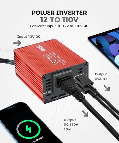 محولات طاقة للمركبات، وإكسسوارات السيارات، ومحولات طاقة السيارة بقدرة 150 واط مع USB مزدوج 3.1 أمبير، ومحول سيارة محول تيار متردد من 12 فولت إلى 110 فولت، مناسب لمعظم السيارات والمركبات الترفيهية والشاحنات والمزيد in Kuwait
