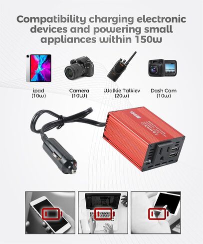 محولات طاقة للمركبات، وإكسسوارات السيارات، ومحولات طاقة السيارة بقدرة 150 واط مع USB مزدوج 3.1 أمبير، ومحول سيارة محول تيار متردد من 12 فولت إلى 110 فولت، مناسب لمعظم السيارات والمركبات الترفيهية والشاحنات والمزيد in Kuwait