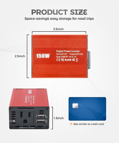 محولات طاقة للمركبات، وإكسسوارات السيارات، ومحولات طاقة السيارة بقدرة 150 واط مع USB مزدوج 3.1 أمبير، ومحول سيارة محول تيار متردد من 12 فولت إلى 110 فولت، مناسب لمعظم السيارات والمركبات الترفيهية والشاحنات والمزيد in Kuwait