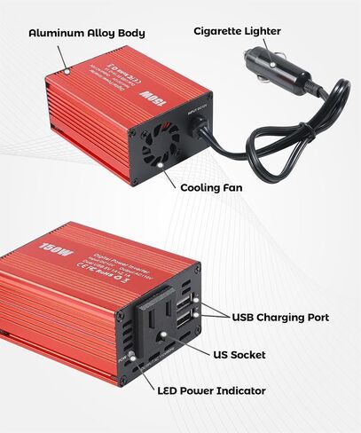 محولات طاقة للمركبات، وإكسسوارات السيارات، ومحولات طاقة السيارة بقدرة 150 واط مع USB مزدوج 3.1 أمبير، ومحول سيارة محول تيار متردد من 12 فولت إلى 110 فولت، مناسب لمعظم السيارات والمركبات الترفيهية والشاحنات والمزيد in Kuwait