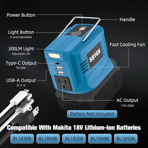 Power Inverter for Makita 18V Battery: Portable Power Supply Inverter Convert - 200W DC 18V to AC 110V~120V Battery Powered Outlet with 2 USB&AC&Type-C Phone Charger Power Station in Kuwait