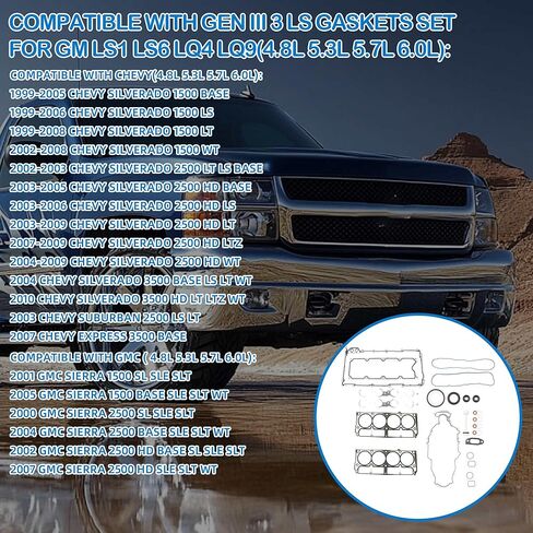 مجموعة حشية Gen III 3 LS مع حشية الرأس ومجموعة غطاء الوادي المتوافقة مع 1999-2009 Chevy Silverado Suburban GMC Sierra 1500 2500 12589227 12589226 12558178 in Kuwait