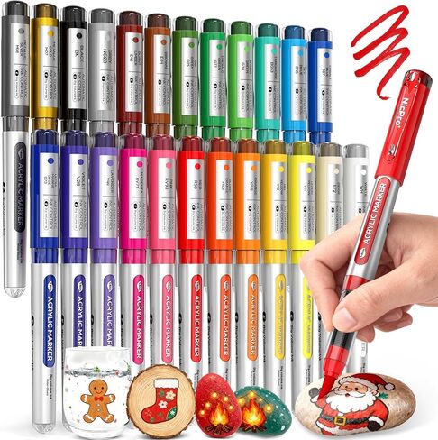 Nicpro 24 Colors Acrylic Paint Markers Brush Tip, Water-Based No-Bleed Paint Markers with Automatic Ink Control, Waterproof Acrylic Paint Pens for DIY Art & Crafts - Rock, Wood, Glass, Ceramic, Fabric in Saudi Arabia