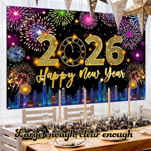 New Years Decorations 2024, Happy New Year Banner Backdrop, New Years Eve Party Supplies, NYE Decorations 2024, Happy New Year Eve Decorations for Door Banner Background Neon Party Supplies Decoration in Kuwait