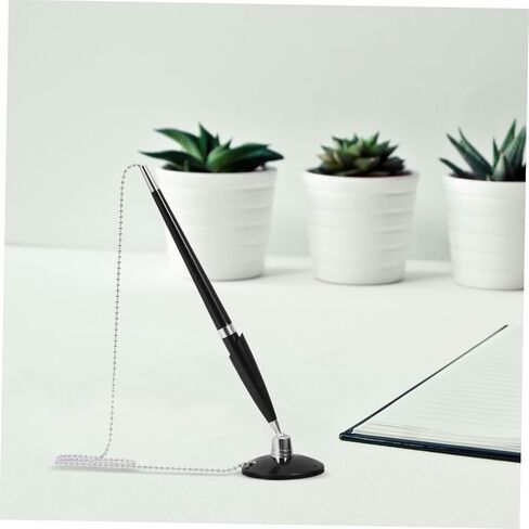 Veemoon Vertical Table Pen with Adhesive Base and Stainless Steel Chain Desktop Signature Pen for Office and Hotel Use Smooth Writing Black Ballpoint with Stable Fixed Stand in Saudi Arabia