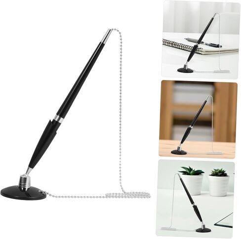 Veemoon Vertical Table Pen with Adhesive Base and Stainless Steel Chain Desktop Signature Pen for Office and Hotel Use Smooth Writing Black Ballpoint with Stable Fixed Stand in Saudi Arabia