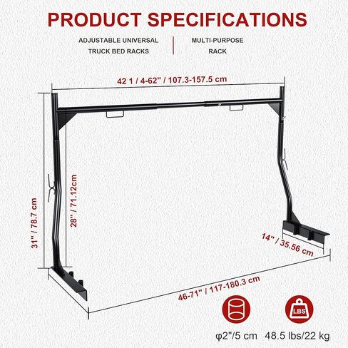 Heavy-Duty Universal Truck Bed Ladder Rack, 900LB Capacity, No-Drill Installation, Adjustable 46-71 inch Steel Cargo Rack for Kayaks, Lumber, Surfboards in Saudi Arabia