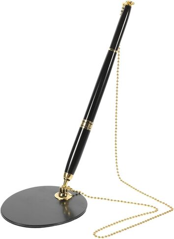 Healifty Business Signature Pen with Adhesive Chain and Vertical Stand Multi Function Writing Pen for Bank Counters and Office Use Abs Stainless Steel Quick Drying Ink Black with Gold in Saudi Arabia
